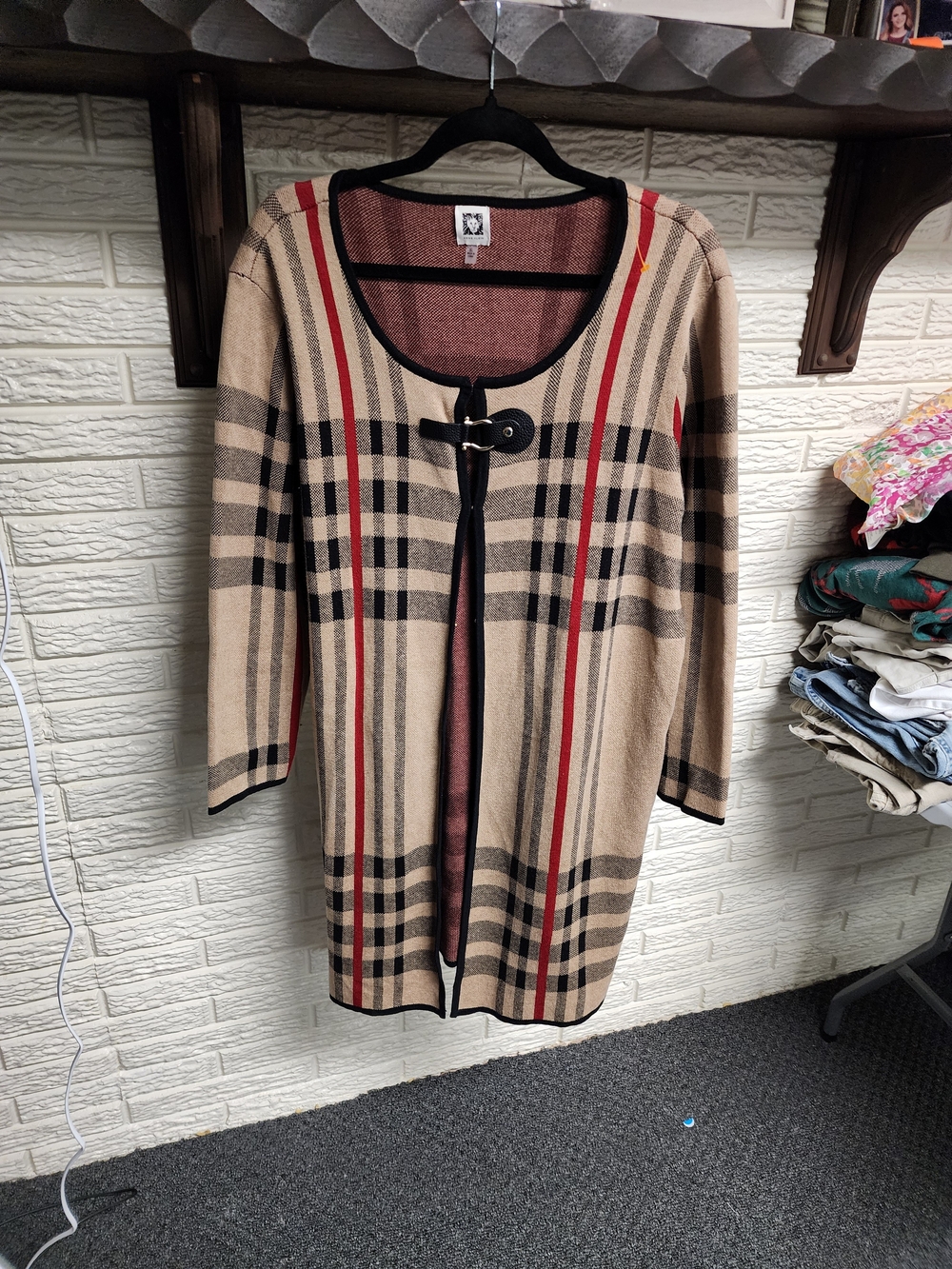 Anne Klein Beige Plaid Cardigan with Black & Red Stripes